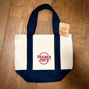 TRADER JOE'S Mini Canvas Tote Bag / Purse Brand New With Tags in Cream & Blue!